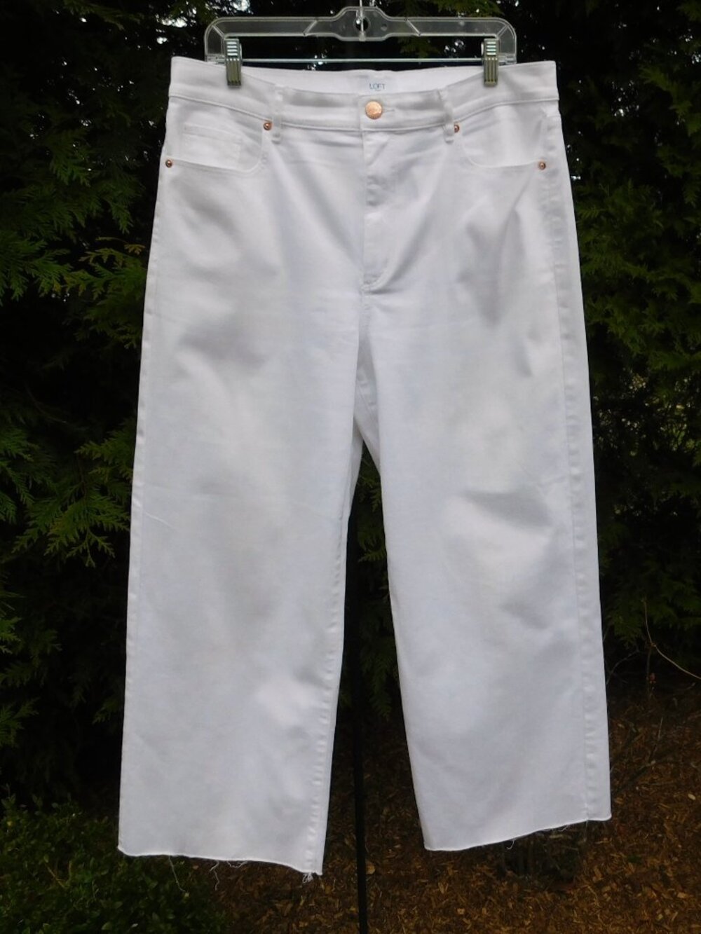 Loft High-Rise Wide Leg Crop White Jeans with Unfinished Hem